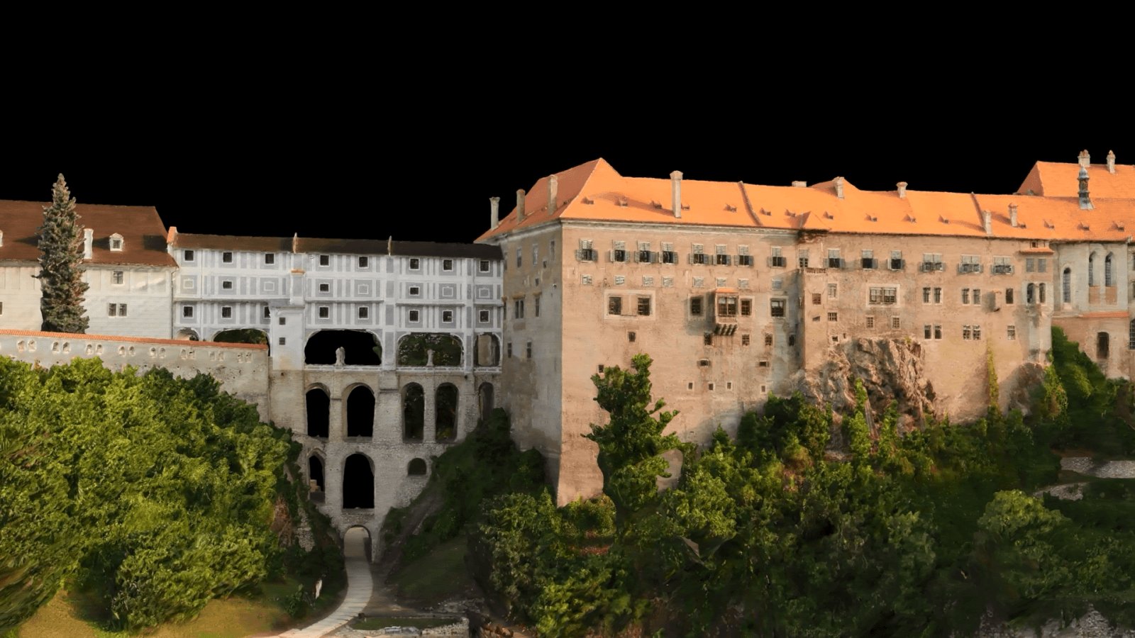 Zámek Český Krumlov – pohled na 3D model směrem od Vltavy