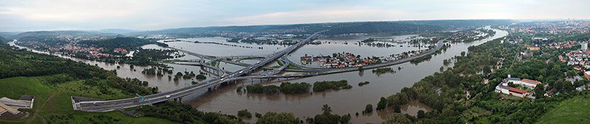 Panoramic aerial photography of Lahovice during floods (June 2013)