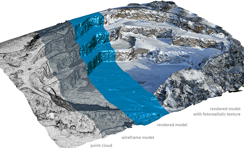 Digital terrain model development – point cloud, mesh model, rendered 3D model, rendered and textured 3D model